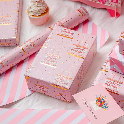 MAYPLUSS Pink Birthday Wrapping Paper Roll - 17 Inch X 33 Feet - Girly Shiny Metallic Pink Birthday Cake Pattern Reversible Gift Wrap Paper Pastel for Girl Baby Shower Wedding Bridal Shower