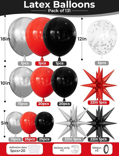 Red and Black Balloon Arch Garland Kit - 131Pcs Red Black and Silver Balloons Glitter Confetti Balloon, Explosion Star Balloons for New Year Birthday Racing Car Poker Party Decorations