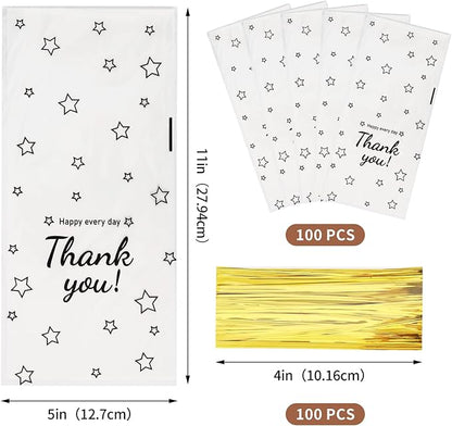 Docvania Cellophane Treat Gift Bags Thank You Printed Cookie Bags 100 pcs 5 X 11 Gift Bag with Ties for Mother's Day, Thanksgiving and Christmas