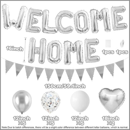 Welcome Home Decorations Silver,Welcome Home Foil Balloon Banner with Confetti Balloons,Silver Heart Balloons Pennant Flag Bunting for Housewarming Baby Shower Home Family Party Supplies