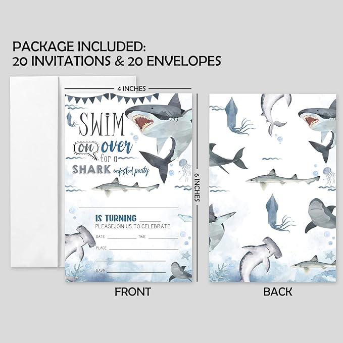 AEHIE 20 Sets Shark Birthday Invitations With Envelopes,Marine Life Sharks Double-sided Printed Birthday Party Invitation Invite Cards for Boys Girls Kids,Baby Shark Birthday Party Invites