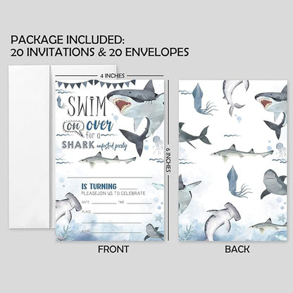 AEHIE 20 Sets Shark Birthday Invitations With Envelopes,Marine Life Sharks Double-sided Printed Birthday Party Invitation Invite Cards for Boys Girls Kids,Baby Shark Birthday Party Invites