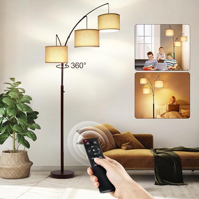 OUTON Floor Lamp with Remote Control, Modern Bright Lamps for Living Room, Adjustable 3-Light Tall Arched Lamp for Bedroom, Office, 2400lm Mid Century Design with Hanging Shade
