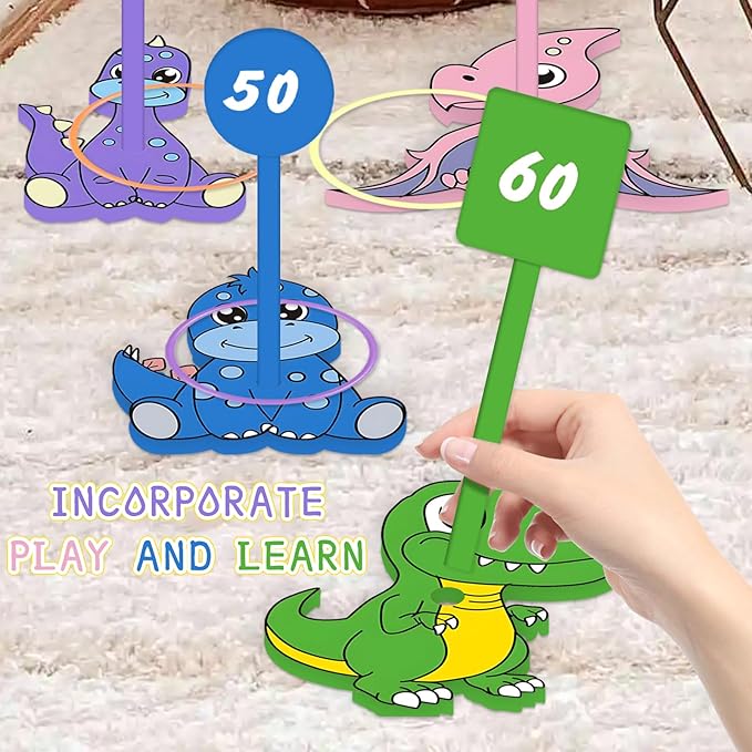 Dinosaur Ring Toss Game Set - Fun 6 Targets Stands & 12 Rings Combo, Perfect Indoor Outdoor Party Activity for Family & Friends, Ideal Birthday Present for You Frends!
