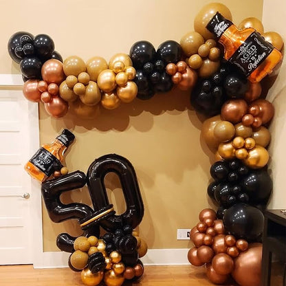 Whiskey Birthday Party Decorations for Men Aged to Perfection Party Supplies, 143Pcs Whiskey Balloon Arch Garland Kit Brown Coffee Black Gold Balloons for Vintage 30th 40th 50th Birthday Anniversary