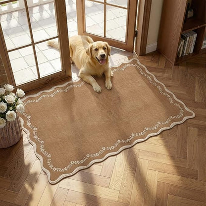GarveeHome Scalloped Entryway Rug, 2x3 Solid Brown Washable Front Door Rug Indoor Entrance Floral Carpet Non-Slip Low Pile Throw Rugs for Kitchen Floor, Powder Room, Entry, Bathroom, Kids Room