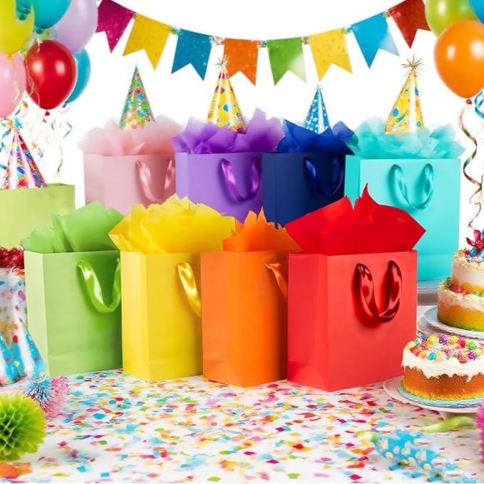 SHIPKEY 8 Rainbow Gift Bags with Tissue Paper, 8.7x3.9x7.1 Inches Colorful Paper Bags for Birthday, Party, Wedding, Baby Shower, Thanksgiving (8 Colors, 22x10x18cm)