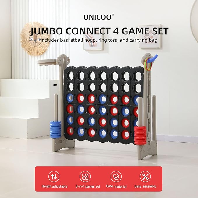 UNICOO® Height Adjustable Jumbo 4-to-Score Game, 4 in A Row Game with Basketball Hoop, Ring Toss, Carrying Bag, Indoor Outdoor Yard Game, Parties & Family Gatherings