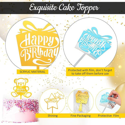 150 Pcs Happy Birthday Cake Toppers Acrylic Cake Topper Glitter Birthday Cake Decorations Double Sided for Adults Various Cake Decoration Party Supplies(Gold,Retro)
