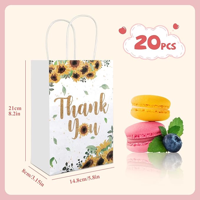 20Pcs Thank You Gift Bags with Handles, 8.2" x 5.8"x3.15" Flower Design Kraft Paper Gift Bags, Party Favor Bags for Wedding Birthday Shower Thanksgiving