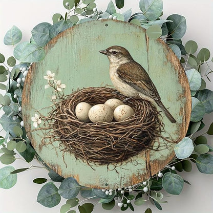 Vintage Bird and Egg in Nest Round Aluminum Sign, 7.98x7.98 Inch Farmhouse Wall Decor with Pre-Drilled Holes, Durable Garden Yard Art for Home,Halloween & Christmas Gifts, Outside Decor