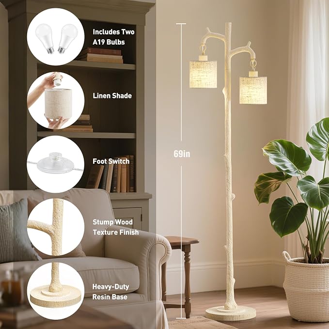 EJIAXIN Floor Lamp for Living Room - 69" Rustic Farmhouse Tree Trunk Tall Lamp with 2 Country Vintage Reading Light - Standing Tall Lamps for Bedroom Office Home Decor (Almond White, Bulb Included)