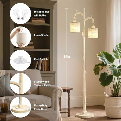 EJIAXIN Floor Lamp for Living Room - 69" Rustic Farmhouse Tree Trunk Tall Lamp with 2 Country Vintage Reading Light - Standing Tall Lamps for Bedroom Office Home Decor (Almond White, Bulb Included)