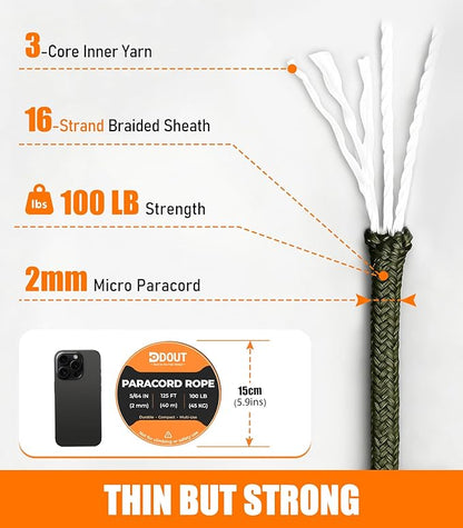 DDOUT 2mm Paracord 100lb, Thin Micro Paracord Rope, Green 125FT Nylon Cord for Crafting, DIY Projects, Fishing, Camping & Outdoor