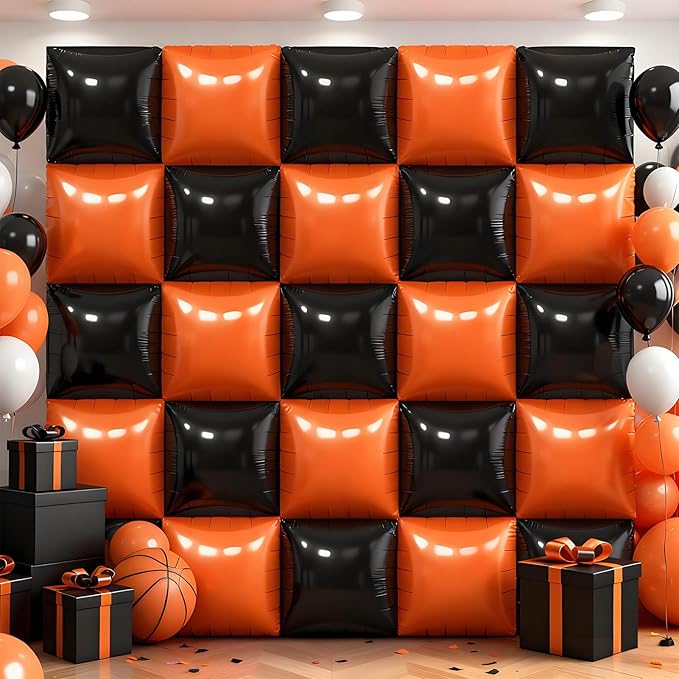 50Pcs Black and Orange Square Foil Balloons Wall Backdrop, Double Sided Metallic Foil Balloons Tunnel Arch Garland Kit for Photo Booth Birthday Wedding Halloween Christmas Party Decorations