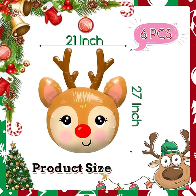 Deer Balloon 6 Pcs Christmas Balloons Set Reindeer Foil Balloons for Deer Themed Hunting Party Decoration Supplies Christmas Birthday Decoration