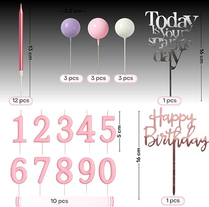 by Tugba Aydan - 33 Pcs Pink Birthday Candle Set with Number Candles 0–9, Metallic Long Candles, Ball&Text Toppers-Complete Cake Decoration Kit for Kids & Adults Birthday Party