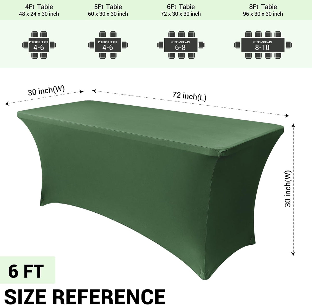 Obstal 6ft Blackish Green Stretch Spandex Table Cover for Standard Folding Tables - Universal Rectangular Fitted Tablecloth Protector for Wedding, Banquet and Party, 72L x 30W x 30H Inches, 2pc