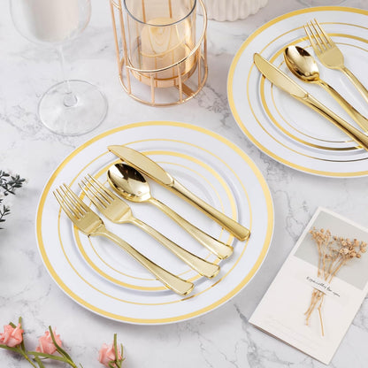 BESTVIP 600PCS Gold Plastic Plate Set (100 Guests), Plastic Plates for Party Wedding Birthday, Disposable Dinnerware Set of 200 Plates, 200 Forks, 100 Spoons, 100 Knives for Christmas, Thanksgiving