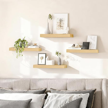 HOOBRO Floating Shelves for Wall, Wall Mounted Shelf Set of 2, 15.7" Hanging Shelf with Invisible Brackets, for Wall Decor Storage in Bathroom Bedroom Kitchen Living Room Office, Natural NL40BJ01
