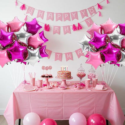 TONIFUL 15Pcs 18 Inch Large Hot Pink Silver Pink Star Shape Foil Balloons Big Stars Helium Mylar Ballons for Birthday Wedding Bridal Shower Anniversary Engagement Party Decorations Supplies