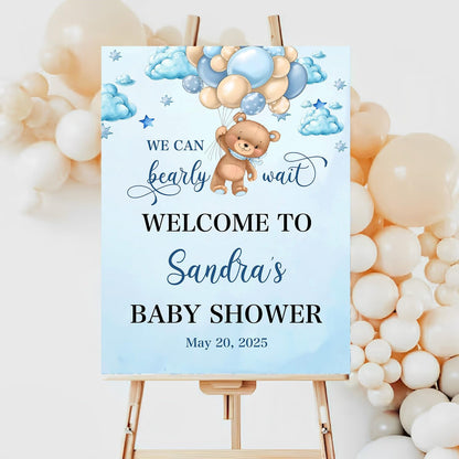 Custom Baby Shower Welcome Sign, Brown Bear Balloon Baby Shower Welcome Sign, We Can Bearly Wait Baby Shower, Blue Bear Baby Shower Decor, Blue Hot Air Balloon Baby Shower Sign