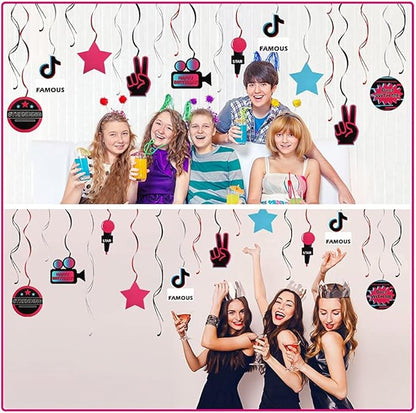 LINGTEER Tic Tok Music Party Decoration Kit - 30 Pcs Foil Ceiling Hanging Swirls Streamers Perfect for Music Happy Birthday Party Gift Decorations Sign.
