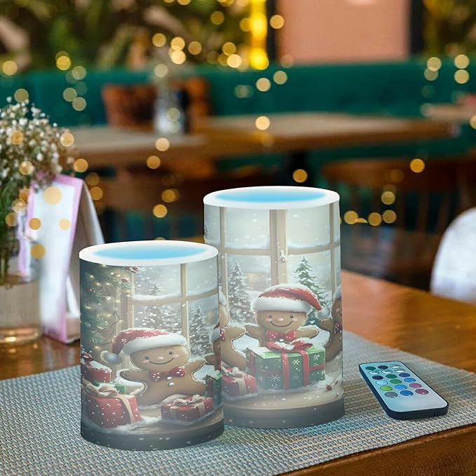 ALAZA Cute Christmas Gingerbread Santa Hat Snow Flickering Flameless Candles Battery Operated with Remote Timer,Tea Light Candles LED Pillar Votive Candles Set of 2 for Outdoor Indoor Decorations