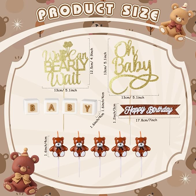 Beeveer 42 Pcs Bear Balls Cake Toppers Bear Cake Decorations Brown Candle Decorations Supplies for Birthday Party Wedding Baby Shower