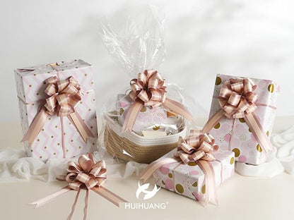 HUIHUANG Dusty Rose Pull Bows 6" x 10" Dusty Rose and Peach Double Layer Satin Gift Bows 12 PCS Pull Bow for Gift Wrapping, Gift Basket, Wine Bottles, Birthday, Wedding, Party Decor