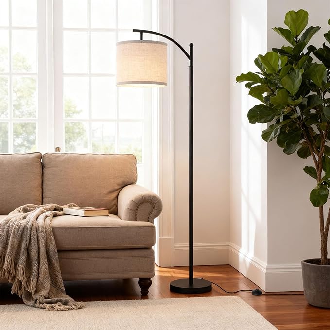 Arc Floor Lamp with 3 Color Temperatures, 9W LED Remote-Controlled Light, Tall lamp with Foot Switch and Timer Function, Modern Standing Lamp for Living Room, Bedroom, Office Reading, Black