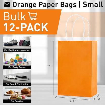 SUNCOLOR 12-Pack Orange Gift Bags with Handles – 8" Recyclable Small Paper Goodie Bags for Party Favors, Easter, Halloween & Birthdays