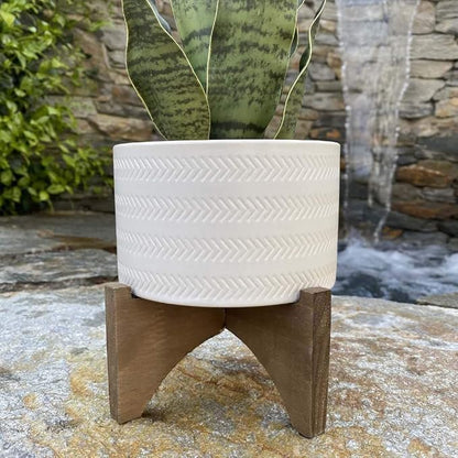 Flora Bunda 5 Inch Arrow Ceramic Planter on Wood Stand Mid Century,Matte White 5"