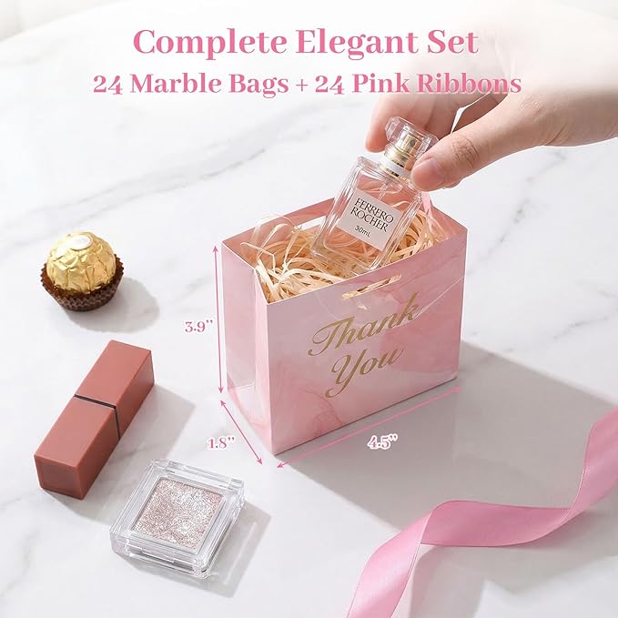 VGOODALL 24PCS Thank You Gift Bags, 4.5x3.9x1.8Inches Mini Party Favor Bags Pink Treat Boxes with Bow Ribbon for Wedding Bridal Baby Shower Birthday Party