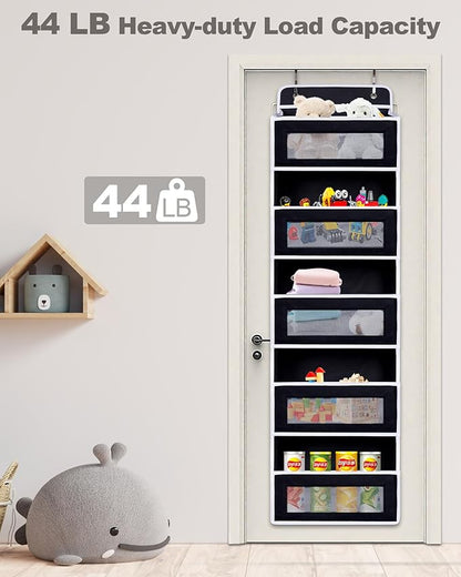 Over The Door Organizer, Reinforced Composite Fabric with Reinforced Stitching and Anti-Sag Structure, 44LB Capacity, 5 Large Pockets & 10 Mesh Pockets for Bathroom, Nursery & Laundry Room (Black)