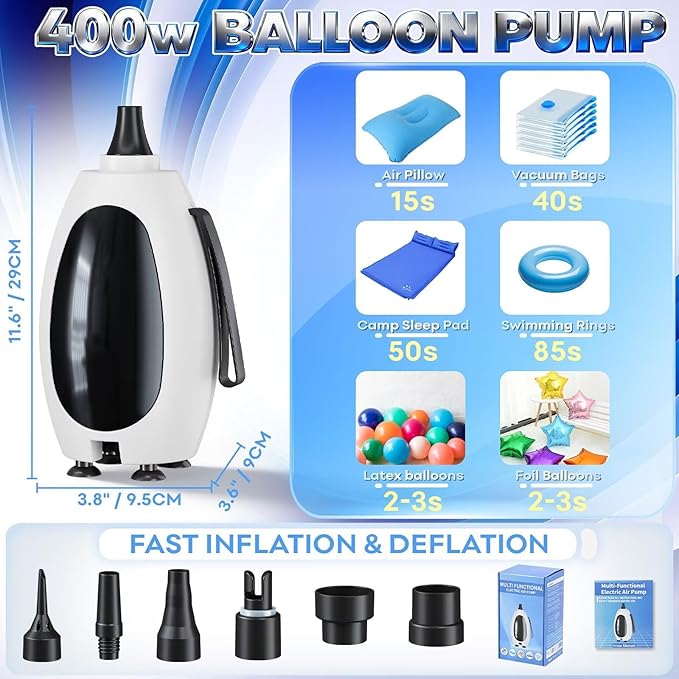 Togvu Electric Balloon Pump, 3-in-1 Portable Air Pump for Inflatables and Balloons, Dual Nozzle Balloon Blower Machine for Latex 260q Foil Balloons 110V Inflator Deflator for Pool Floats Air Mattress
