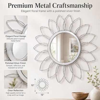 Silver Flower Mirror Set of 3, 3PCS Metal Round Decorative Wall Mirrors, Floral Petal Accent Mirror Wall Decor for Bathroom, Living Room, Bedroom & Entryway