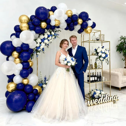 Navy Blue Gold Balloons Arch Kit, Double Stuffed Pearl White Blue Gold Chrome Balloons Garland Kit for Birthday Graduation Father's Day New Year Bridal Shower Wedding Party Decoration