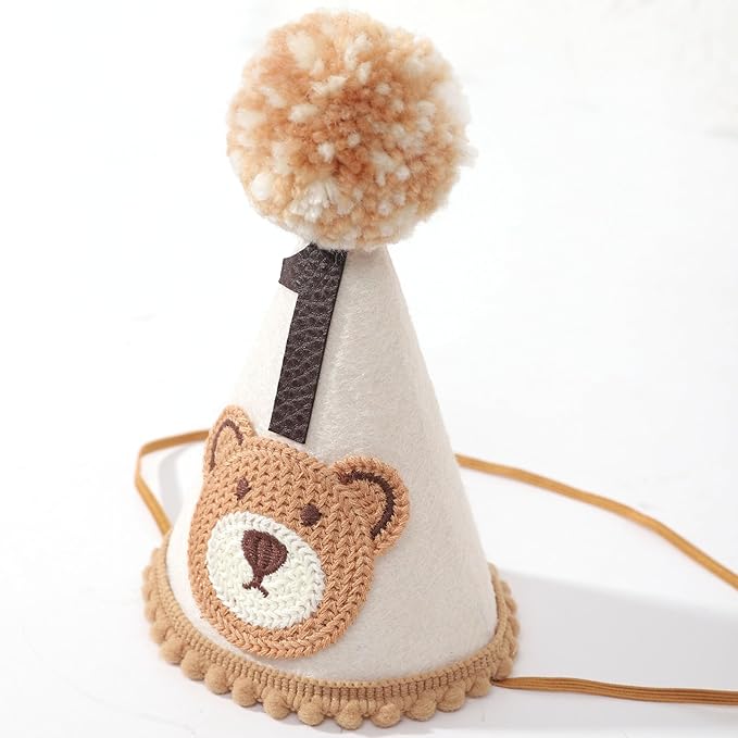 Bear 1st Birthday Party Decorations - Teddy Bear Crown Outfit, Woodland Camping Theme, Cone Hat
