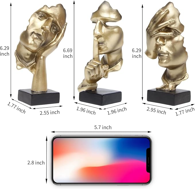 3 Pcs Thinker Statue, Silence is Gold Abstract Art Figurine, No Hear No See No Speak Modern Home Resin Sculptures Decorative Objects Decor for Home Office Bookshelf Desktop(Gold), A-41