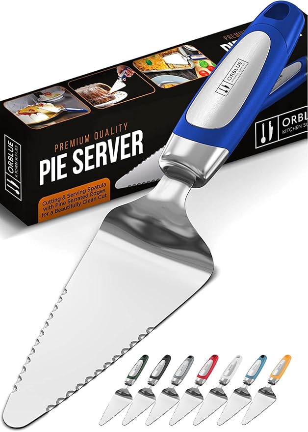 Orblue Pie Server, Essential Kitchen Tool, Serrated on Both Sides, Great for Right or Left Handed Chef, Stainless Steel Flatware, Cake Cutter, Royal Blue