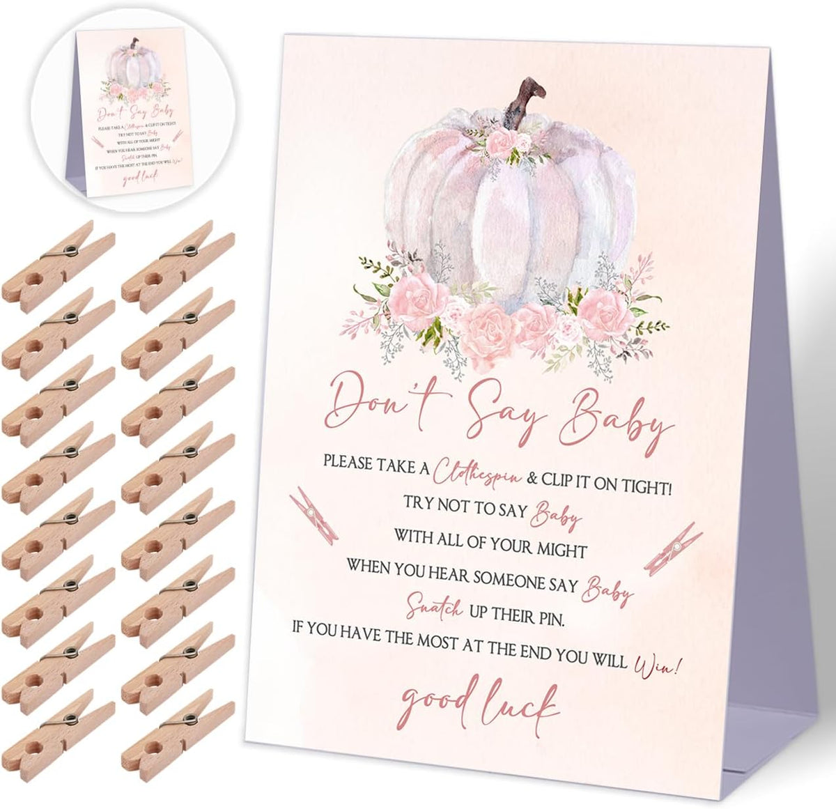 Don't Say Baby Baby Shower Game,Boho Fall Pumpkin Baby Shower Decorations,Rustic Baby Shower Decorations,Neutral Baby Shower Decorations,Baby Shower Game Ideas,1 Sign & 50 Mini Clothespins Set-B17