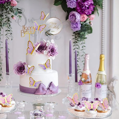 20PCS Gold Pink Purple Butterfly Cupcake Toppers - Handmade Cake Decorations for Girls Baby Shower Wedding Birthday Party Decor - Mixed Size