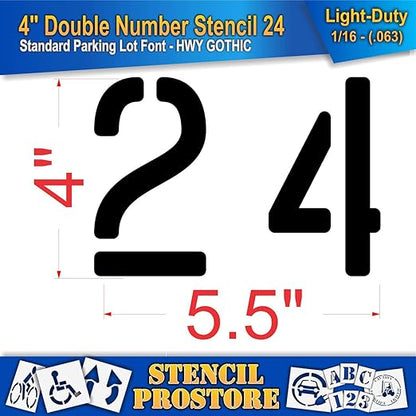 Pavement, Curb, and WheelStop Stencils - 4 inch Double Number Stencil - (24) - 4" x 5.5" x 1/16" (63 mil) - Light-Duty