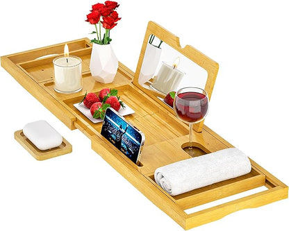 Premium Bathtub Tray Caddy with Makeup Mirror Bamboo - Bath Tray Expandable- Unique House Warming Gifts, New Home, Anniversary & Wedding Gifts for Couple, Bridal Shower Gift for Wome