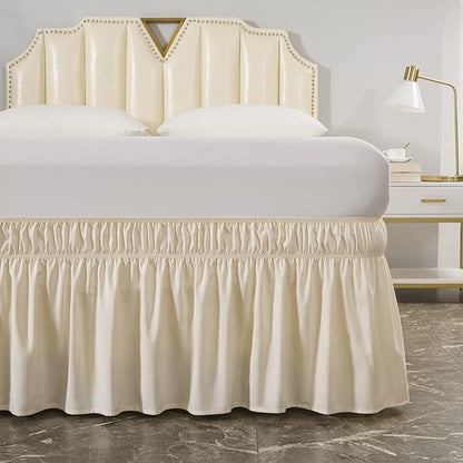 MEILA Wrap Around Bed Skirt Three Fabric Sides Elastic Dust Ruffled 14 Inch Tailored Drop,Easy to Install Fade Resistant-Beige, Queen/King