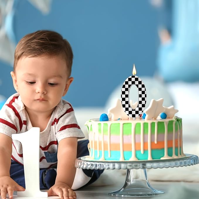 Racing Cars Themed Birthday Candle, Checkered Flag Number Candles Black and White Candles Happy Birthday Cake Topper Party Decorations for Boys Racing Cars Themed Party Supplies (Number 0)