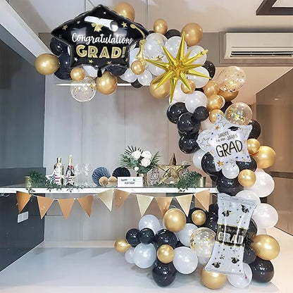 Graduation Balloon Arch Garland Kit 2026, Black Gold Confetti White Graduation Decorations with Foil Grad Cap Diploma Star Balloons for Congrats Class of 2026 Graduates Celebrations Party Decorations