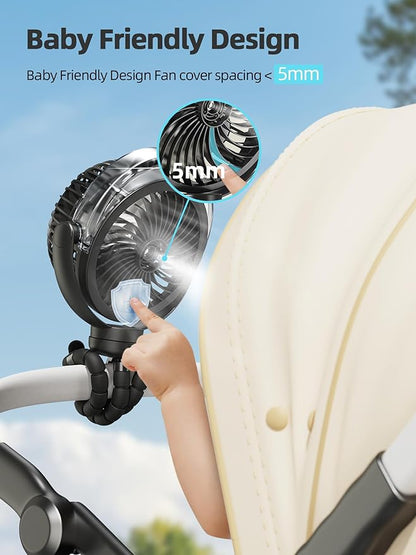 Misting Stroller Fan, 6000mAh Battery Operated Portable Fan with Light & 360° Pivoting, Personal Fans with Flexible Tripod for Baby, Office, Travel,Treadmill,Outdoors