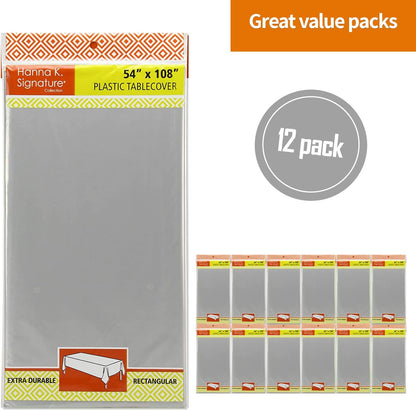 Silver Disposable Plastic Tablecloth for Rectangle Tables (12 Pack) Premium Decorative Table Cloths for Parties, Events & Weddings, Indoors & Outdoors, 54 x 108 inches, Plastic Table Cover